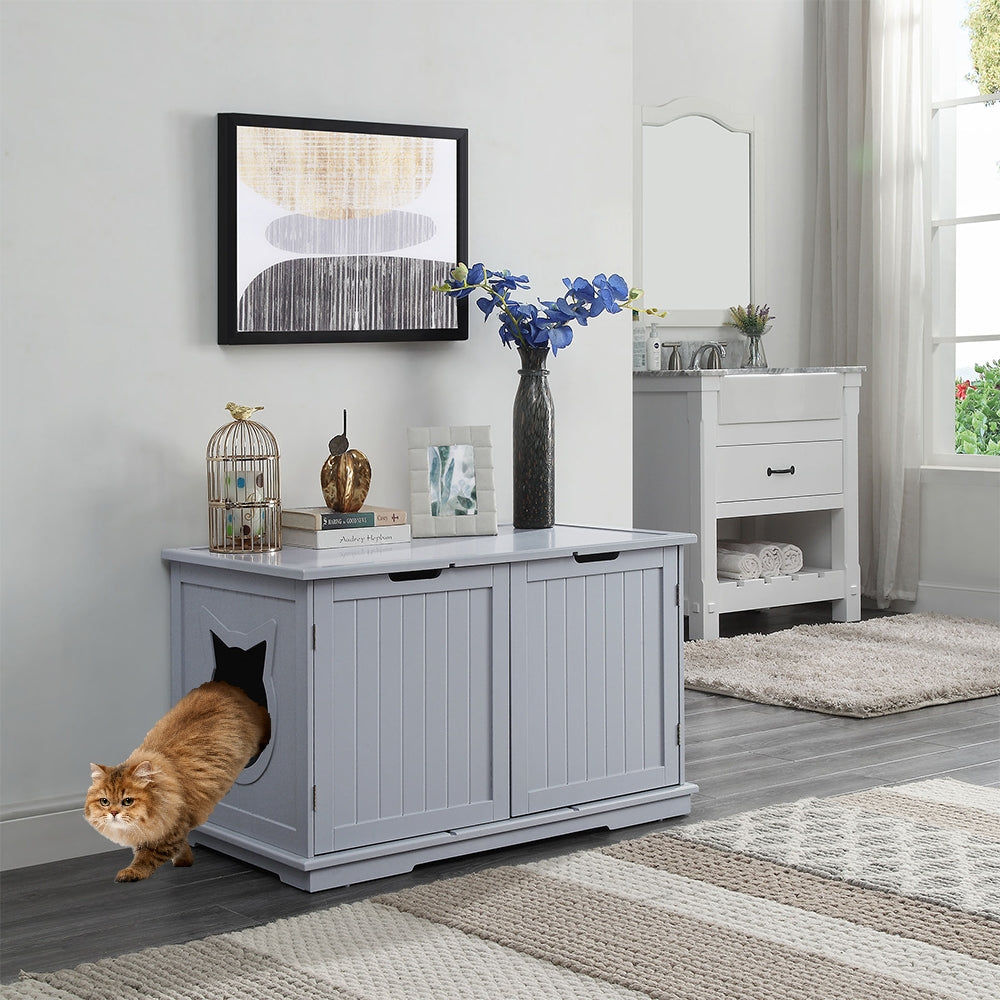 Chats-🏠 Meuble-Litière X-Large avec Banc - Cachette Élégante Chat Turquoise Cronus